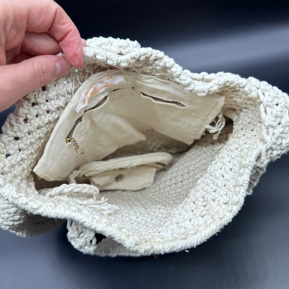 Vintage Purse Shoulder Bag Cream Off White Handmade Crocheted Boho Nautical - Picture 4 of 12